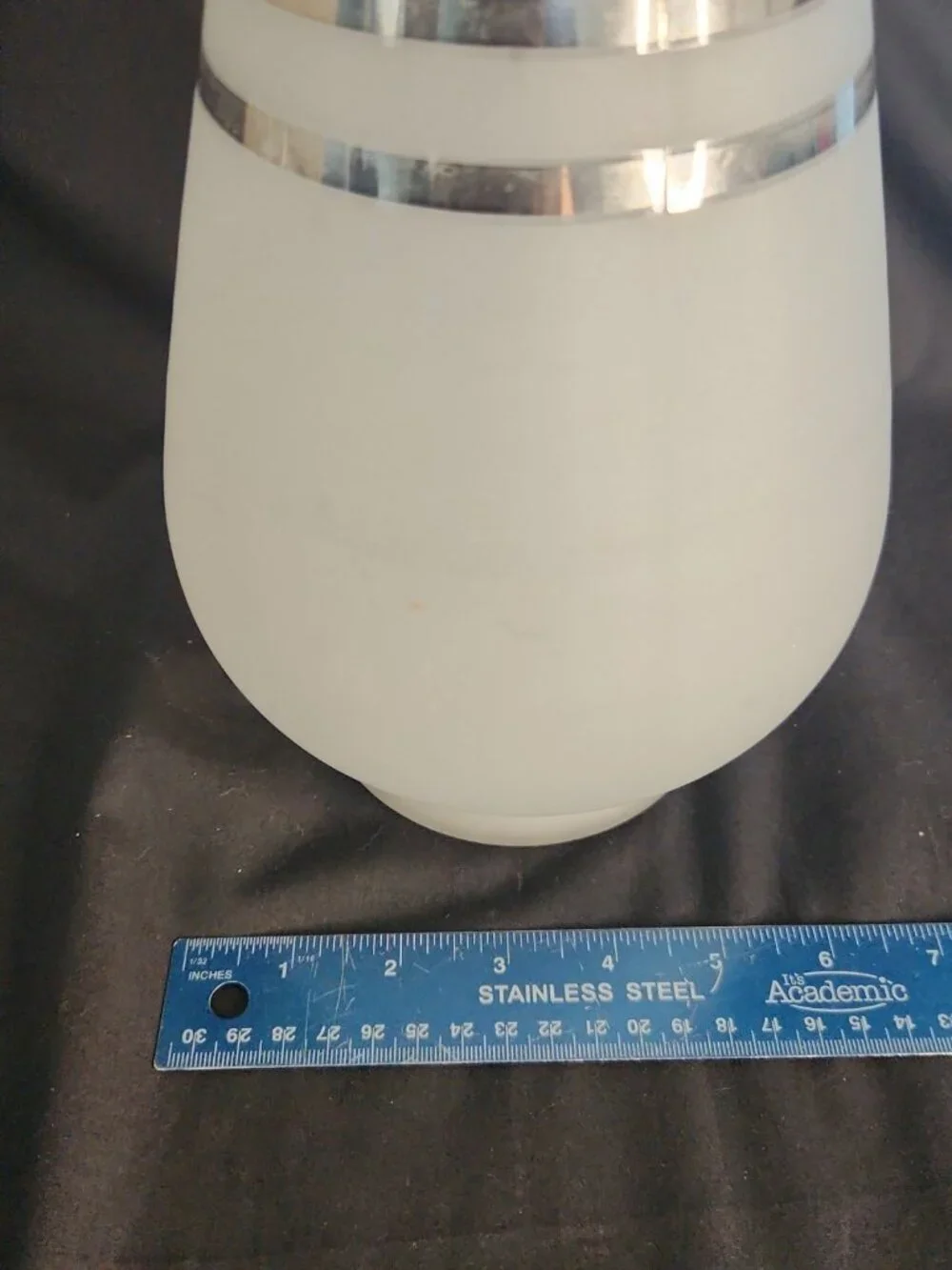 Vintage Art Deco White Frosted Glass Vase Silver Stripes/Bands & Ruffled Rim